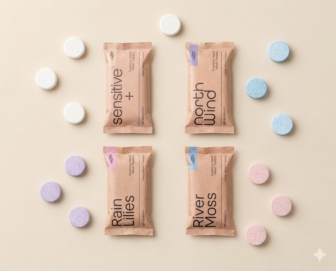 Seaborn foaming hand wash tablets in all four scents: North Wind, Rain Lilies, River Moss and Sensitive+